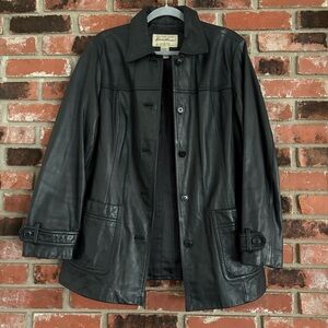 Vintage Y2K Eddie Bauer Women’s Black Leather Car Coat Casual Streetwear Sz L